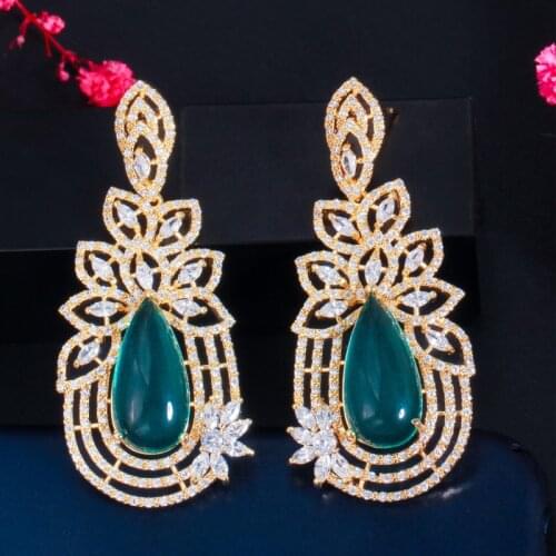 CWWZircons Exquisite Leaf Drop Dangle Cubic Zirconia Gold Color Big Long Wedding Earrings for Women Luxury Bridal Jewelry CZ841