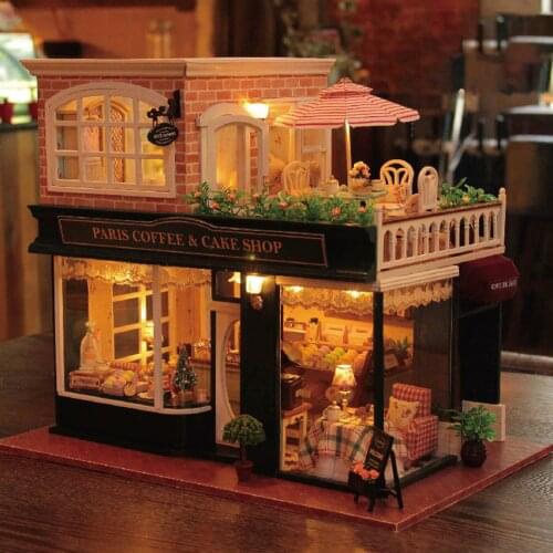 DIY Paris Coffee & Cake Shop Handmade Wooden Miniature Doll House with Light and Music Movement Dollhouse Valentines Day Gift