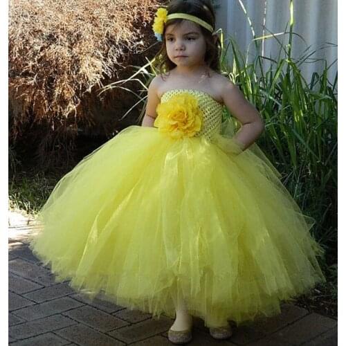 1-9Y Girls Yellow Flower Tutu Dress Kids Fluffy Crochet Tulle Dress Ball Gown with Headband Child Birthday Party Costume Dresses