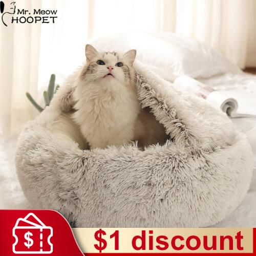 Hoopet 2-In-1 Round Plush Cat Bed Winter Warm Cave Pet Cat Small Dog Sleeping Nest Kennel Sphynx Soft Nest Non Slip Bottom Mat