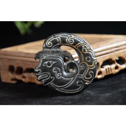 Chinese Red mountain culture Iron meteorite carved human face Dragon Bi Pendant