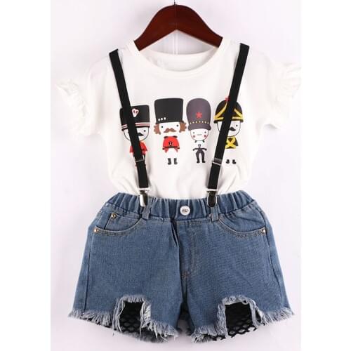 Dulce Amor Kids Clothes Set Spring Summer Boys Girls Clothing Cartoon Soldiers Print T-shirt+Denim Shorts+Suspender 3Pc Outfits