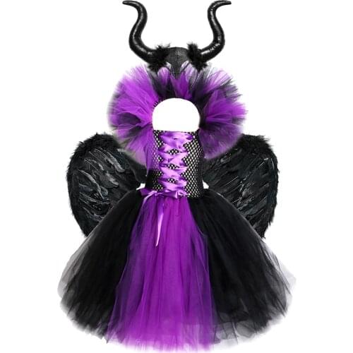 Horns Wings Costume Girls Princess Tutu Dress Devil Halloween Costumes for Kids Evil Queen Children Cosplay Dresses