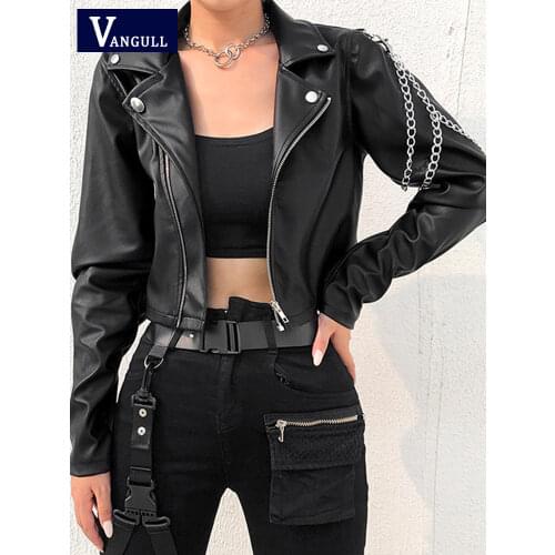 Vangull Faux Leather Cropped Jacket Women Punk Harajuku Black Coat Woman Gothic Long Sleeve Overcoat With Chains 2020 Spring