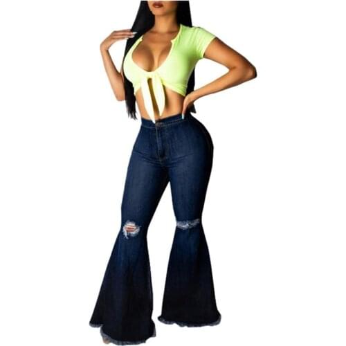 Fashion Denim Flare Pants Women Retro Ripped Jeans Wide Leg Trousers Lady Casual Bell-Bottoms Flare Pant