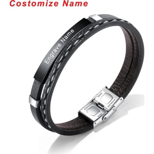 Trendy Custom Logo Engrave Name Bracelet Men Women Glossy Woven Friendship Id Bracelet Leather Stainless Steel Bracelet