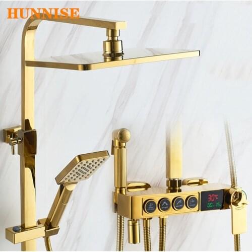 Bathroom Shower Set HUNNISE Gold Thermostatic Shower Mixer Set Quality Brass Rainfall Bathtub Faucets Golden Digital Shower Set