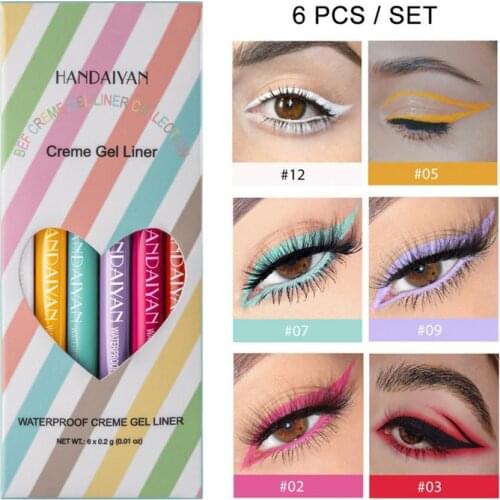 HANDAIYAN Makeup Colored Eyeliner Gel Pencil Kit 6 Colors/box Waterproof Color White Eye Liner Pen Make up Cosmetics Yellow Blue