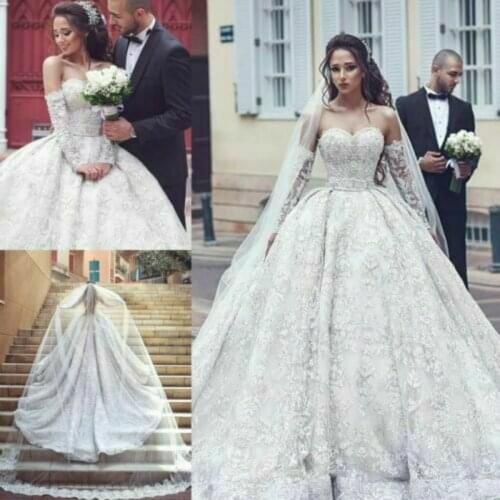 2020 New Luxury Ball Gown Wedding Dresses Lace Beading Sweetheart Bridal Gowns Long Sleeve Sequins Sweep Train Wedding vestidos