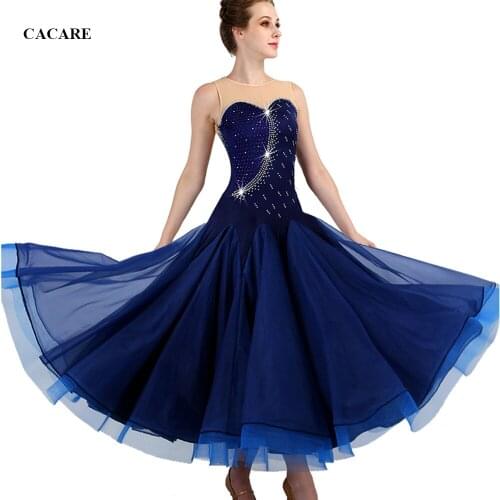 CACARE Ballroom Dance Competition Dresses Waltz Dress Standard Dance Dresses D0956 Luxury Rhinestones Mesh Back Fluffy Hem
