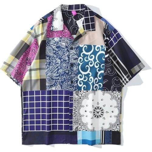 Japanese Harajuku Color Block Patchwork Plaid Bandana Shirt for Men Urban Mens Streetwear Hip Hop Oversized Button Up Shirts