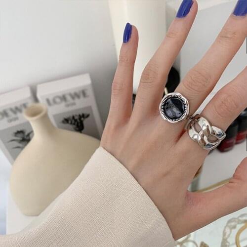 S925 Silver Rings for Unisex Fashion Black Drop Glue Resizable Hip Hop Party Widen Rings Jewelry Accessories