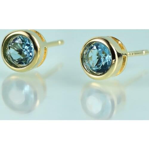 GEMS BEAUTY 14K Gold Filling Sterling Silver Gemstone Gold Earrings Round Bezel Swiss Blue Topaz Stud Earrings For Women