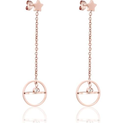 New Arrival Beautiful Stars Hanging Sphere Middle Crystal Earrings Titanium Steel Jewelry Rose Gold Color Long Earring For Women