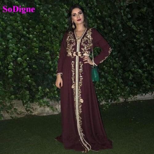 SoDigne Moroccan Kaftan Evening Dresses V Neck Long Sleeves Lace Appliques Prom Gown Arabic Muslim Special Occasion dress