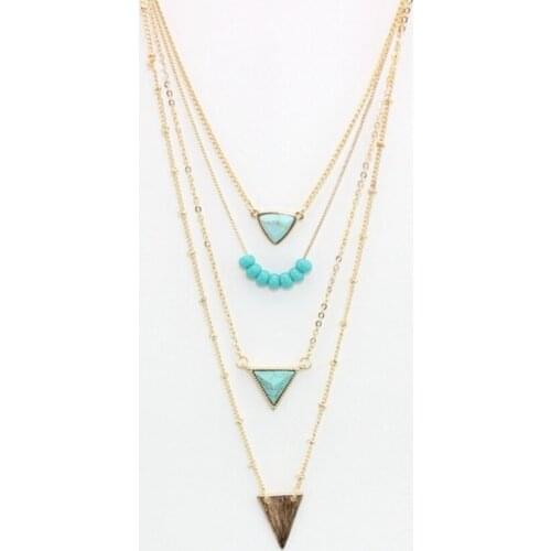 Light Yellow Gold Color Alloy Multi Layer Geometric Green Turquoises Stone Pendant Link Chain Necklace Fashion Jewelry