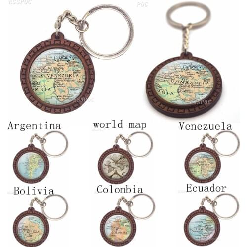 Vintage World Map Wooden Keychain South America Country Colombia Key Chain Bolivia Pendant Glass Cabochon Jewelry Travel Gifts