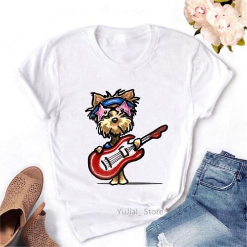 Funny T Shirt WomenS Clothing Teddy Love Playing Guitar Animal Print Tshirt Femme Kawaii Dog T-Shirt Female Tumblr Tops Tee