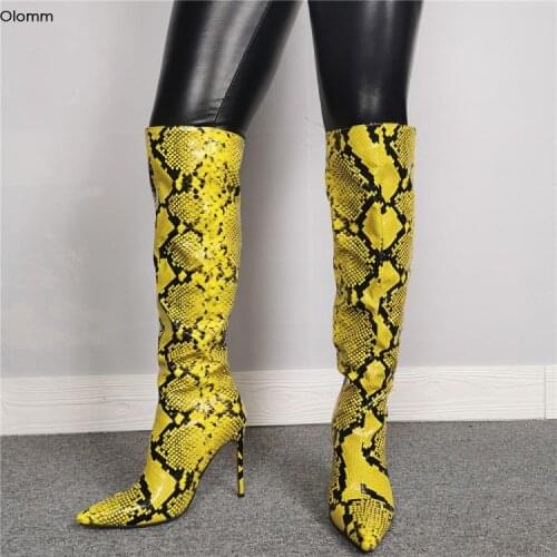 Olomm Handmade Women Knee High Boots Stiletto High Heels Boots Pointed Toe Yellow Snake Pattern Club Shoes Women US Size 5-15
