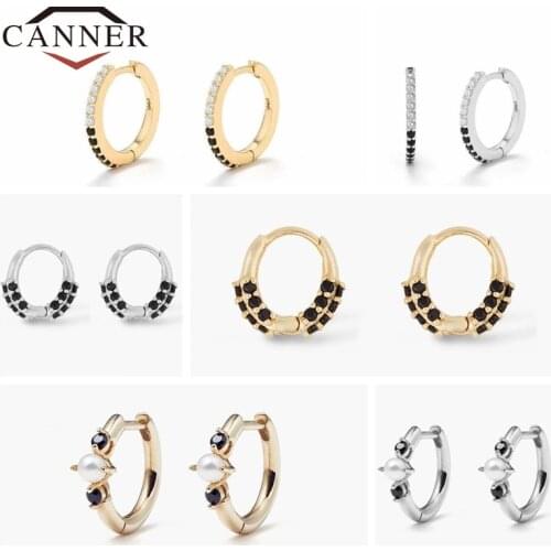 CANNER European&American Style 925 Sterling Silver Hoop Earrings for Women Black Crystal Zircon Piercing earring earings Jewelry