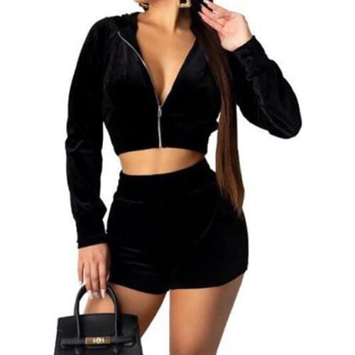 ZuoLunOuBa Summer Long Sleeve Sexy High Waist Short Fashion Suit Women Hooded Zipper Harajuku Solid Color Two-piece Suit Female