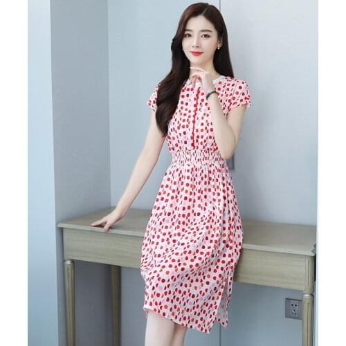 2021summer Temperament Wave Point Chiffon Dress Korean style O Neck Womens Dress Split fork skirt