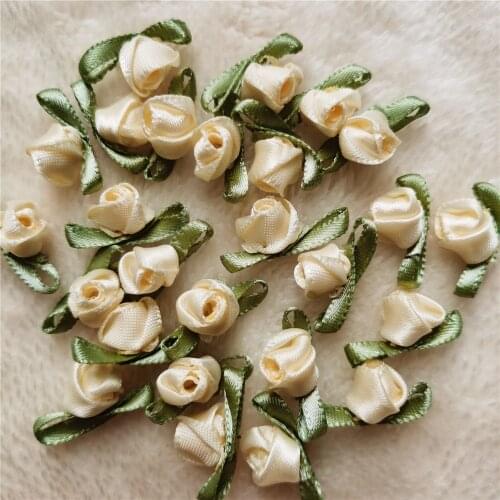 Mini Satin Ribbon Apricot Rose Flower Silk Fabric Flower Appliques Handmade DIY For Wedding Decoration Craft Sewing Accessories
