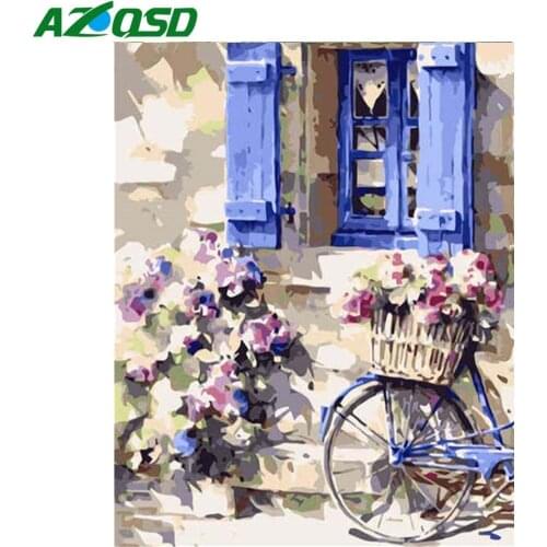 AZQSD Diy Frame Painting By Number Flower And Bicycle Drawing On Canvas Paint By Numbers Landscape Kits Modern Wall Art Gifts