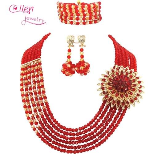Radiant Red 6 Rows African Nigerian Wedding Crystal Beads Necklaces Bracelet Earrings Wedding bridal necklace Jewelry Set WS5085