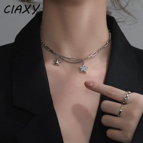 CIAXY 925 Sterling Silver Zircon Star Choker Double Layer Necklace for Women Retro Five-pointed Star Clavicle Chain Ins Jewelry