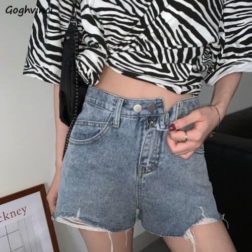 Denim Shorts Women Distressed Holes Solid Ripped Cool Retro Chic Trendy Leisure Casual Ulzzang Harajuku Sexy Slim High Waist Ins