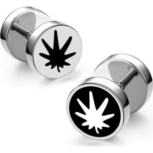 KOFSAC Korean Fashion Titanium Steel Earrings for Women Maple Leaf Hip Hop Rock Black Barbell Earring Mens Ear Jewelry Bijoux