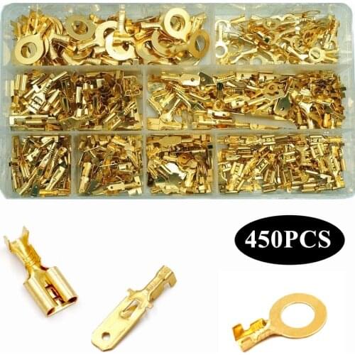 Ring and Spade Crimp Terminal Connector 2.8/4.8/6.3mm Gold Brass Car Electric Wire Connectors Assortment Crimp Tool Kit 450 PCS