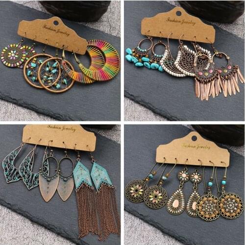 OIQUEI Retro Bronze Drop Earrings Set For Women Boho Ethnic Alloy Round Circle Chain Tassel Water Drop Earrings Fashion Jewelry