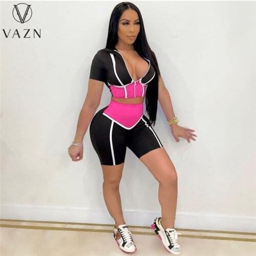 VAZN 2021 Summer Gym Zippers Hooded Patchwork Skinny Jogger Suits 2 Piece Set Sport Running 2 Piece Set Women Top And Pant