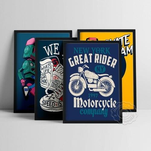 Cartoon Earpiece Skull Skateboard Poster, Hip Hop Robot Shoe Prints Art, Hipsters Motorbike Wall Art, Cool Kids Room Wall Decor