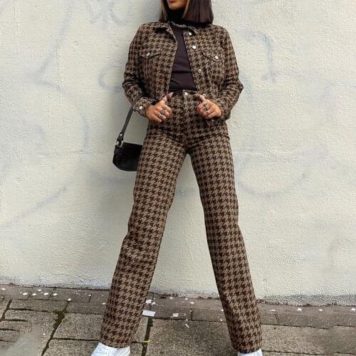 Autumn and Winter New Womens Coat Thousand Bird Checkered Short Coat womens jeans Cowboy suit Classic houndstooth All-match F4