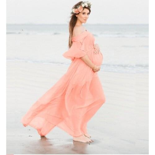 Sexy Slash Collar Fluttering Sleeve Mercerized Dress Women Pink Chiffon Loose Flowing Pregnancy Dress Long Photo Shoot Dresses