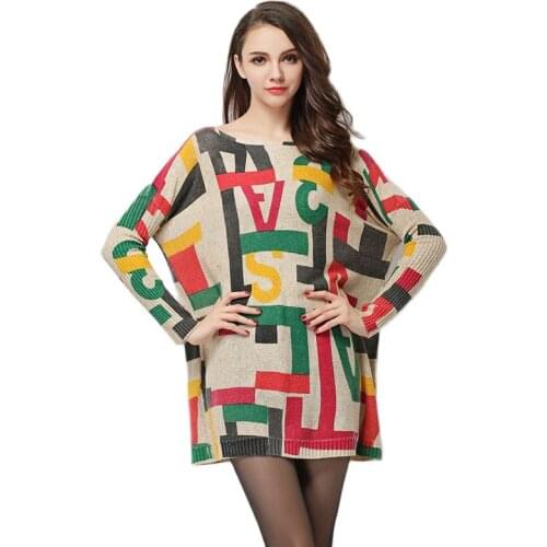 XIKOI Oversize Sweaters Women Fashion Casual Pullover Batwing Sleeve Multicolour Pattern Print Slash Neck Knitted Pullovers