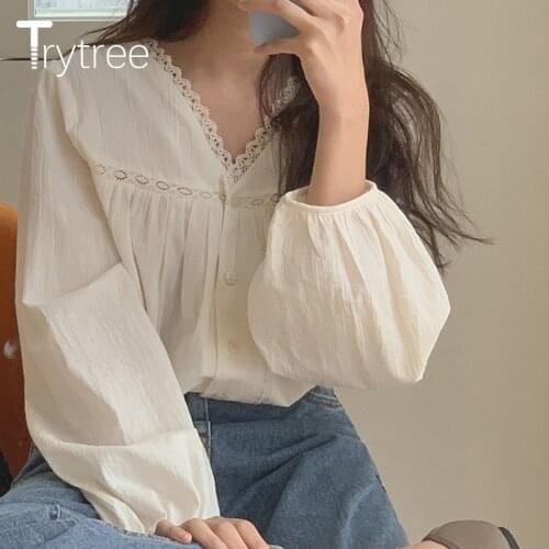 Trytree 2021 Spring Autumn Women Blouse Casual V-Neck Apricot Shirt Lace Puff Sleeves Elegant Office Lady Solid Blouse Tops Girl