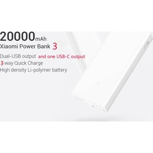 Original Xiaomi Portable Power Bank 3 20000mAh Charger Support QC3.0 Dual USB Mi External Battery Bank 20000 For Smart Phones