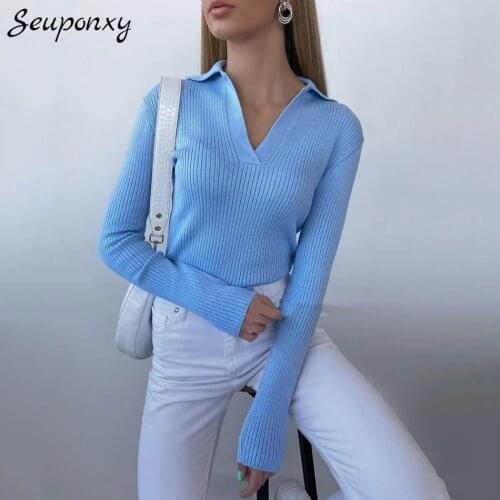 High Quality Fashion WomenS Solid Color Slim Knit Pullover 2021 Autumn Sexy V-Neck Long-Sleeved Polo Casual Pullover Trendy