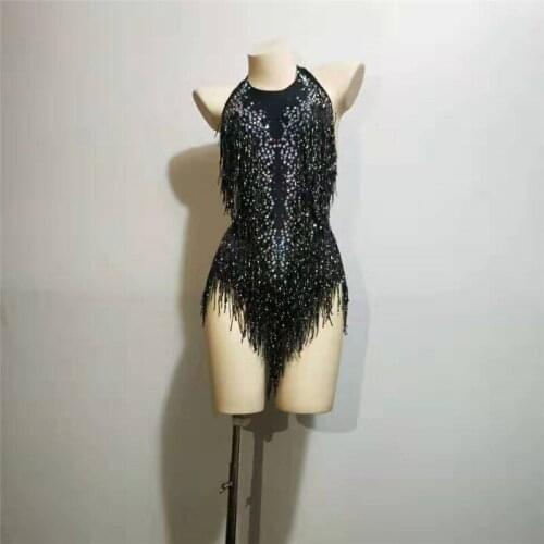 Y55 Black high fork Siamese adult Latin stage costume women rhinestone bodysuit tassels sleeveless outfits pole dance wear dress