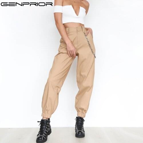 GENPRIOR Spring Lady Personality Military Long Women Casual Loose Pants Cotton Harlan Trousers Broad Leg Trousers Metal Chain