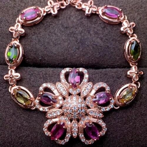 Natural Multicolor tourmaline Fashion Flower Bracelet Natural gemstone Bracelet S925 silver girl women wedding gift Jewelery