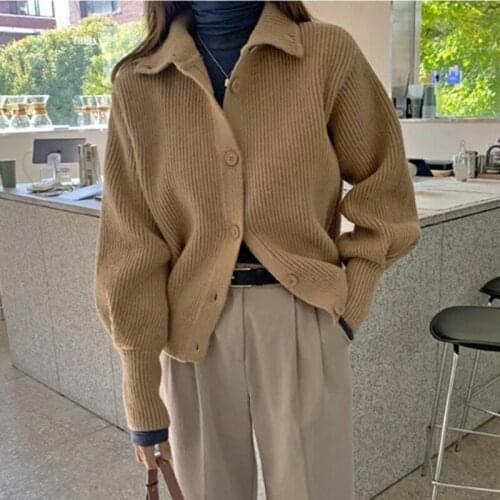 Retro Women Sweater Cardigan sweater Knitted Casual Solid Autumn Turn-down Collar Feminine Loose All Match Soft Sweet Tops