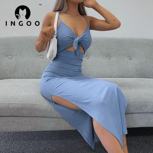 INGOO Ribbed Spaghetti Strap Women Dress Sexy Waist Hollow Out Split Bandage Dresses Elegant V-neck Ankle Length Slim Party Wear