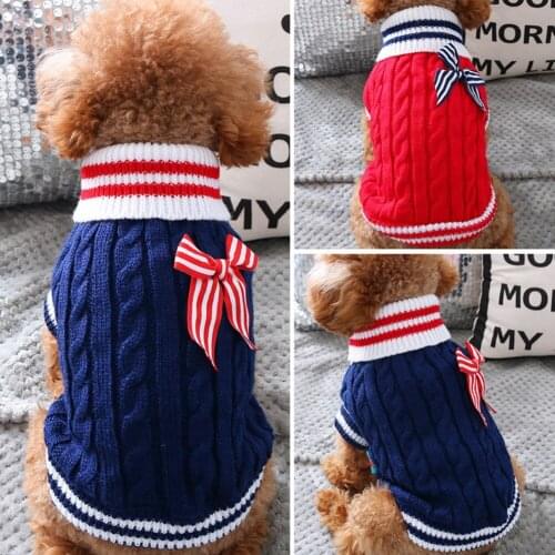 Winter Cute Cat Dog Clothes Warm Navy Style Bowtie Sweater For Small Yorkie Pet Clothing Coat Knitting Crochet Cloth