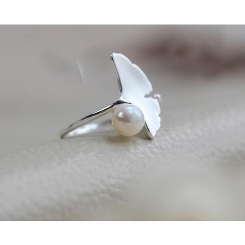 1 Pcs Ginkgo Biloba Artificial Pearl Ring Female Literary Simple Open Adjustable Ring Fashion Womans Ring