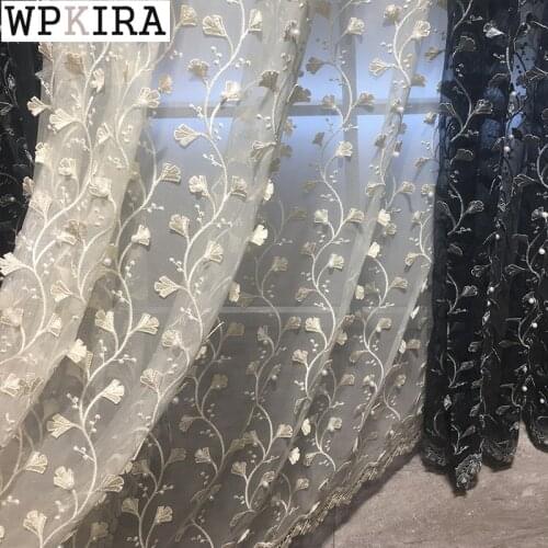American Luxury Pearls Lace Curtain for Living Room Leaves Embroidery Embossed Tulle Curtain for Bedroom Voile Drape S567#C